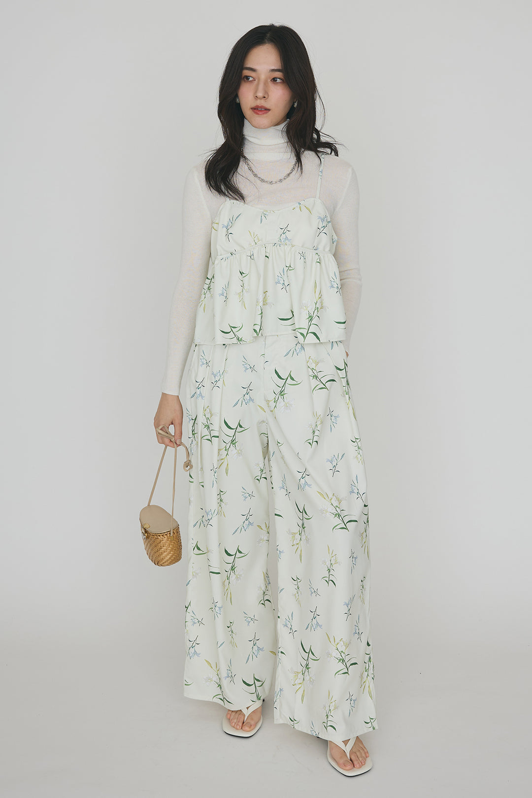 [予約/SET]シックフラワービスチェキャミソール+シックフラワータックワイドパンツ(2set)