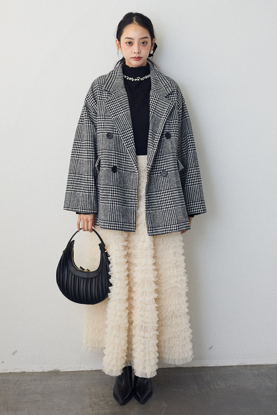 [予約/SET]チェック柄ボクシーコート+ホイップチュールティアードスカート(2set)