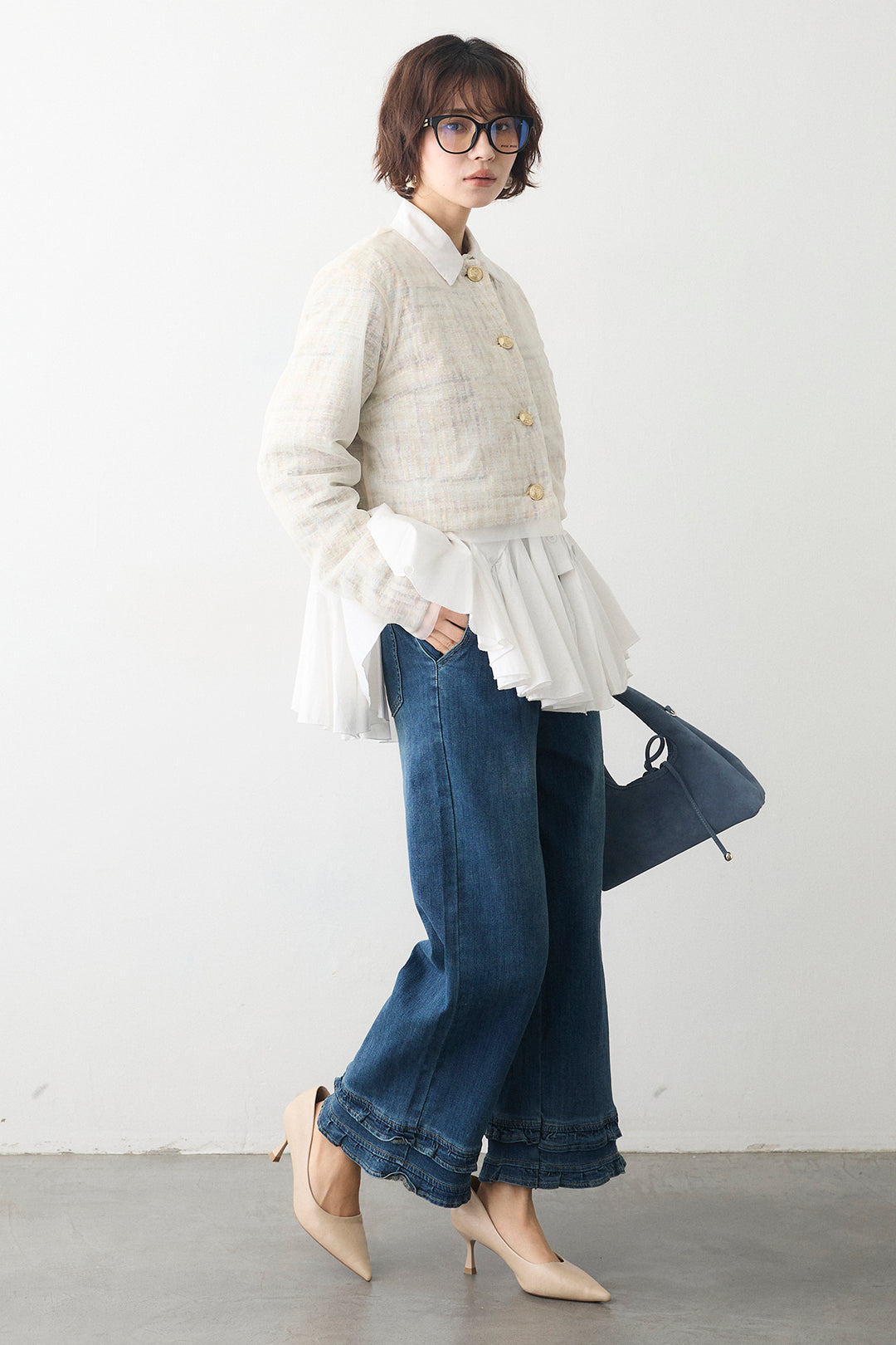 [予約/SET]ツイード×チュールレイヤードクロップドジャケット+フリルヘムデニムパンツ(2set)