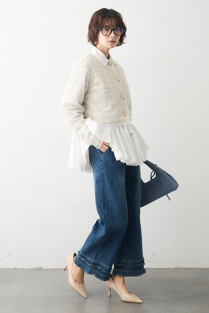 [予約/SET]ツイード×チュールレイヤードクロップドジャケット+フリルヘムデニムパンツ(2set)