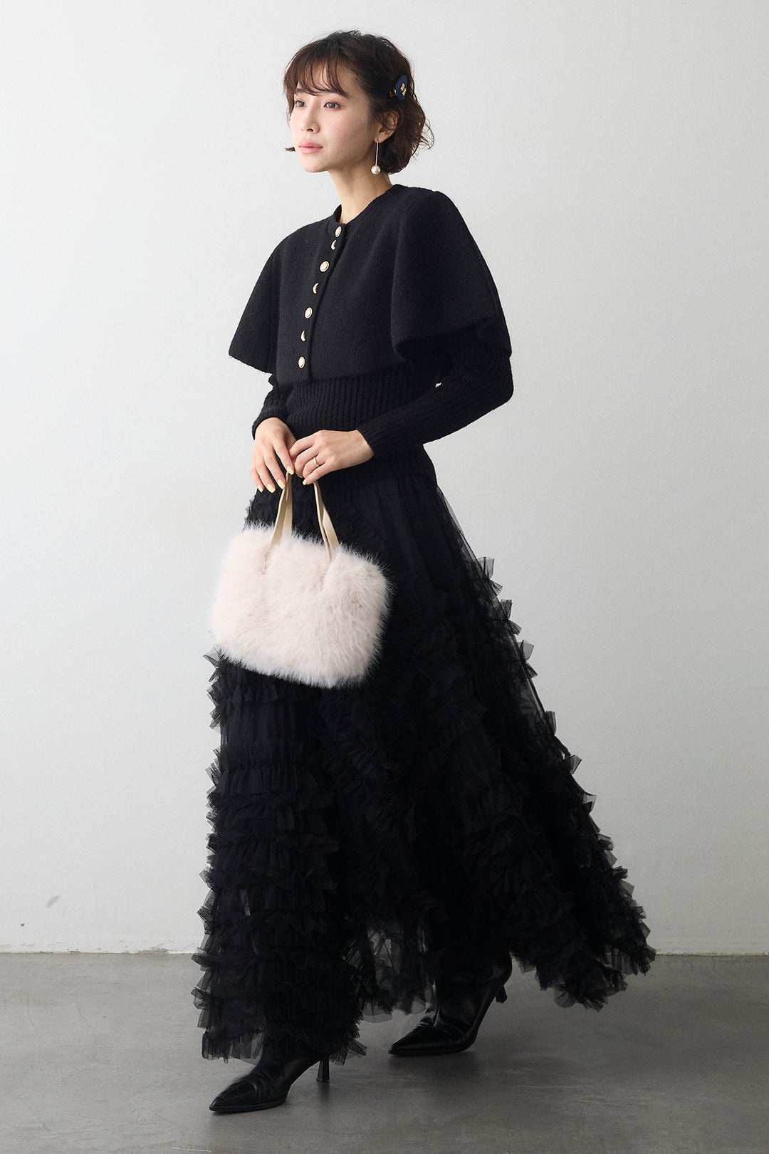 [予約/SET]ミックス釦ケープ2wayニット+スフレアシメチュールスカート(2set)
