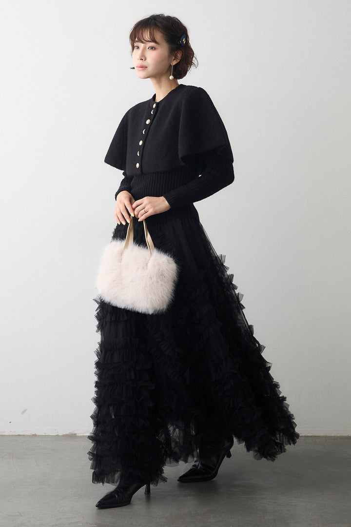 [予約/SET]ミックス釦ケープ2wayニット+スフレアシメチュールスカート(2set)