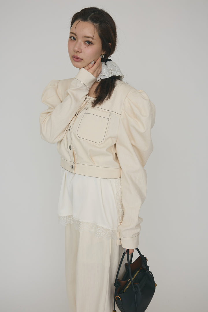 [予約/SET]ステッチパフスリーブクロップドジャケット+ステッチデザインハイウエストデニムパンツ(2set)