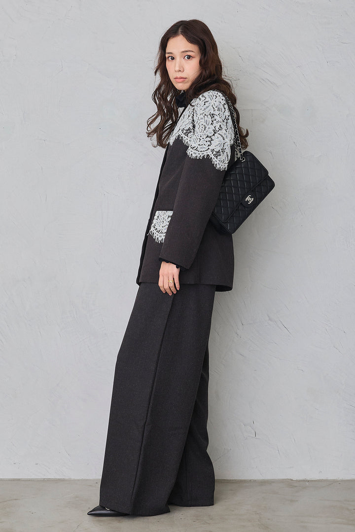 [予約/SET]ダブルフリルカラーニットプルオーバー+ショルダーレースデザインジャケット+ライトツイードタックパンツ(3set)