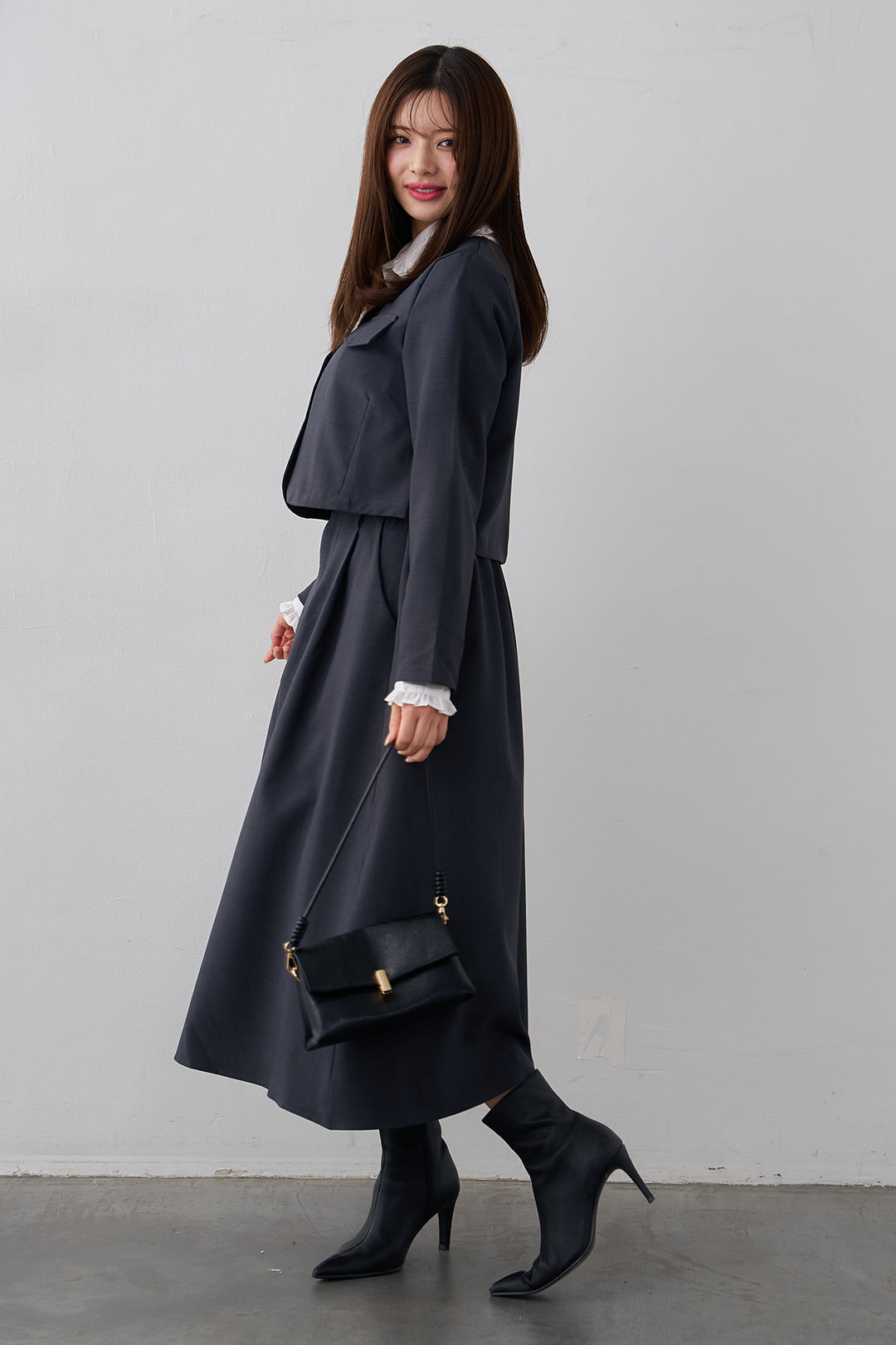 [予約/SET]ミニフリル襟ボリュームスリーブブラウス+ノーカラークロップドジャケットスカートセット(2set)