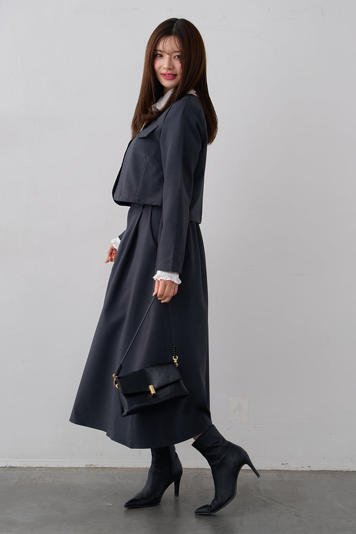 [予約/SET]ミニフリル襟ボリュームスリーブブラウス+ノーカラークロップドジャケットスカートセット(2set)