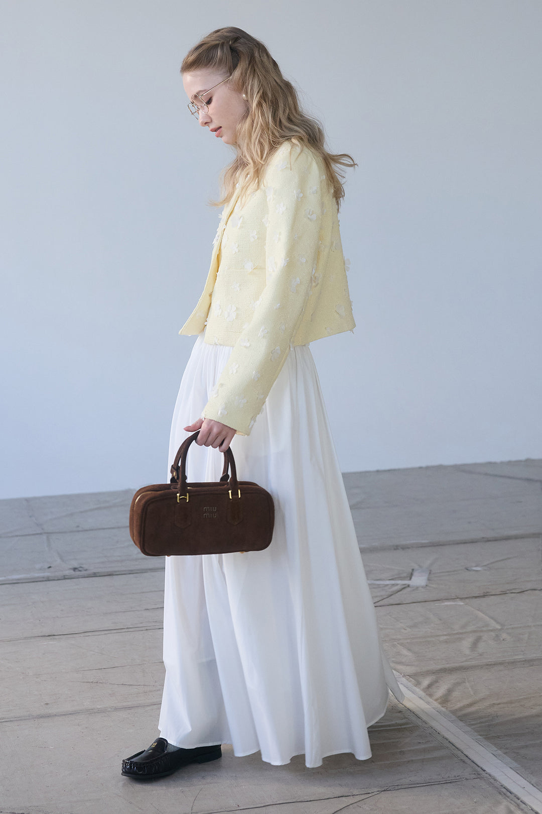 [予約/SET]フラワーモチーフツイードジャケット+ギャザーフレア綿タッチスカート(2set)