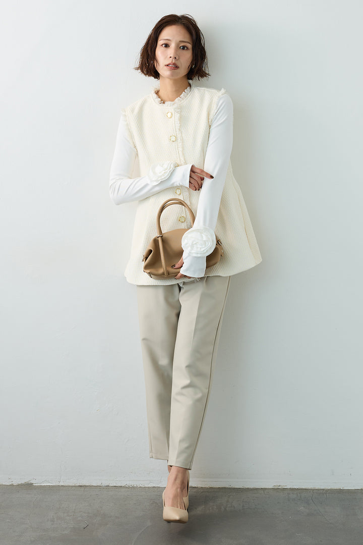 [予約/SET]フラワーモチーフポイントカットトップス+ツイードペプラム美フォルムジレ(2set)