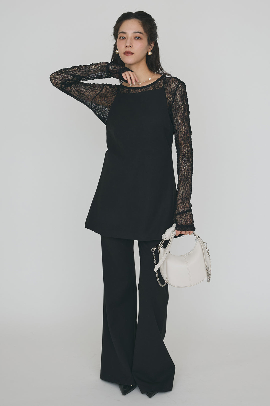 [予約/SET]ストレッチ繊細レーストップス+バックリボン美シルエットキャミチュニック+美脚セミフレアパンツ(3set)