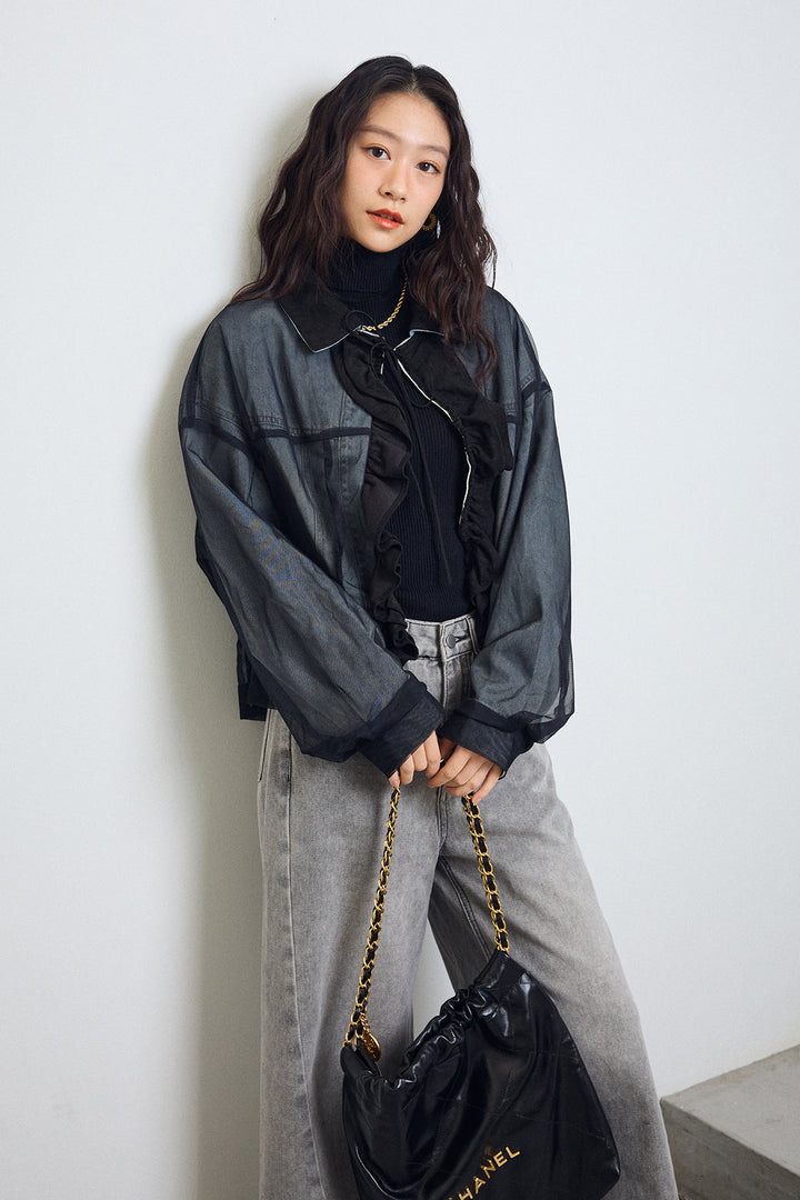 [予約]デニム×チュールレイヤードフリルジャケット