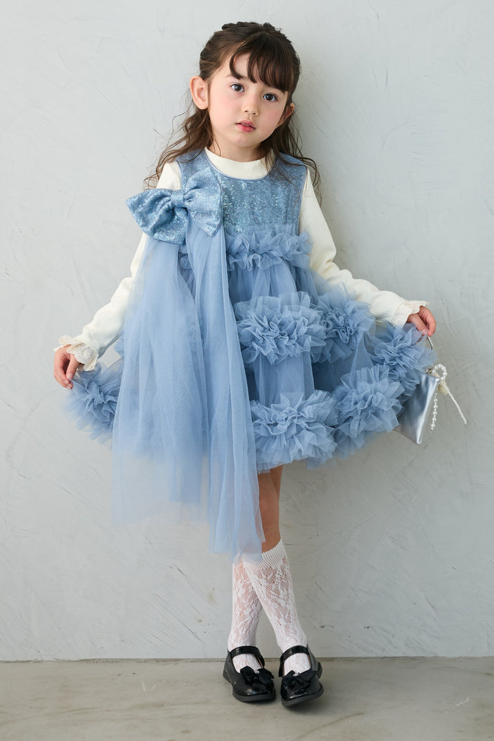[予約](kids)スパンコールリボンホイップチュールワンピセット