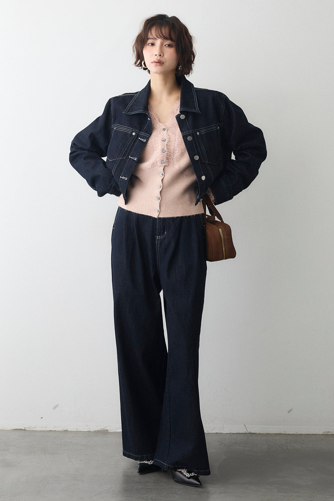 [予約/SET]レースVラインボタンニット+クロップドデニムセットアップ(2set)