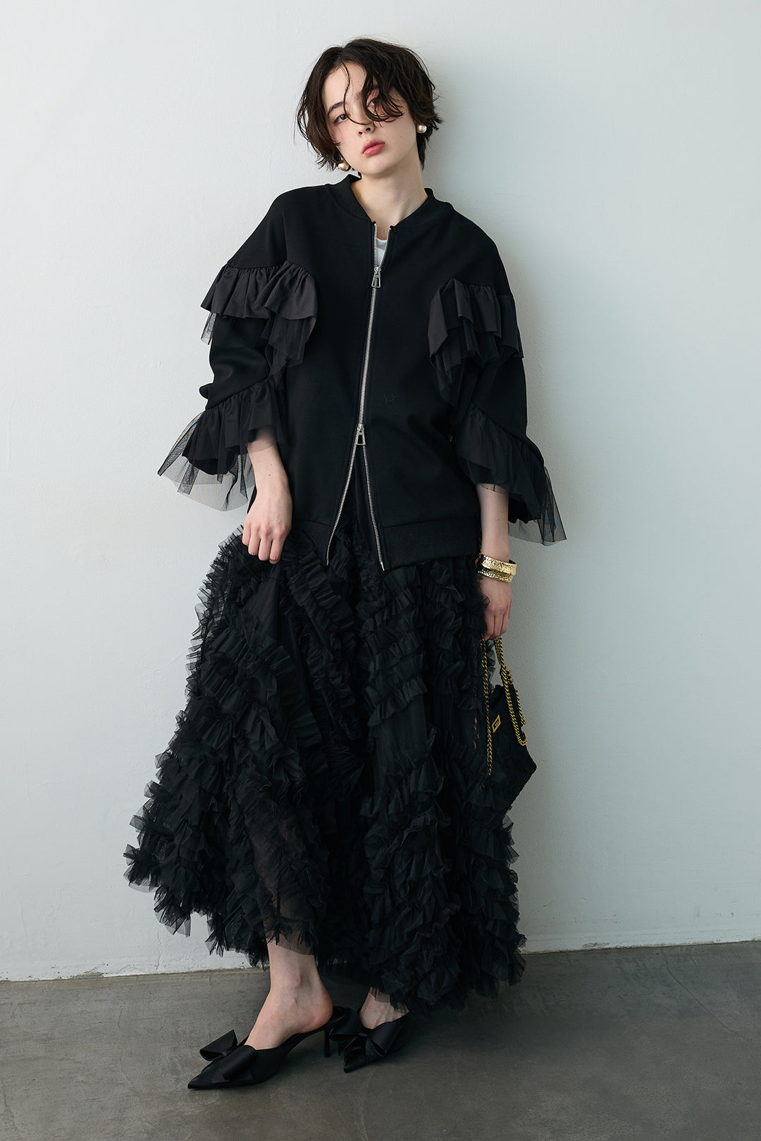 [予約/SET]フリルデザインダブルジップブルゾン+スフレアシメチュールスカート(2set)