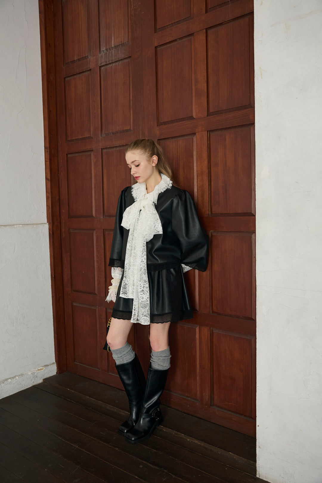 [予約]フェイクレザーパフスリーブジャケット