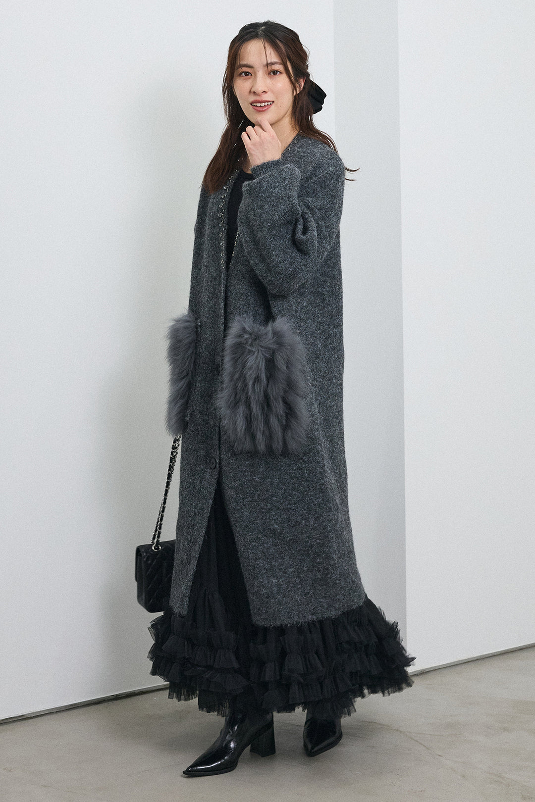 [予約/SET]ファーポケットロングニットカーデ+スウィートチュールフリルスカート(2set)