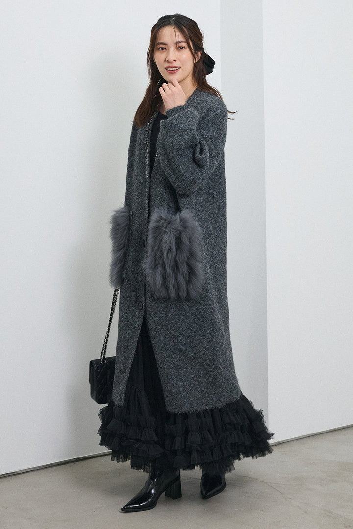 [予約/SET]ファーポケットロングニットカーデ+スウィートチュールフリルスカート(2set)