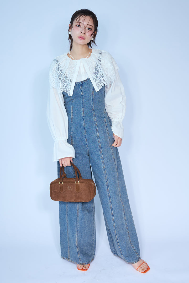 [予約/SET]繊細レースカラーキャンディースリーブブラウス+美ラインデニムサロペット(2set)