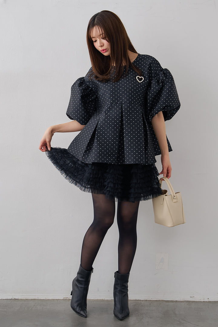 [予約/SET]ハートブローチ付ドットジャガードブラウス+ホイップチュールミニ丈スカート(2set)