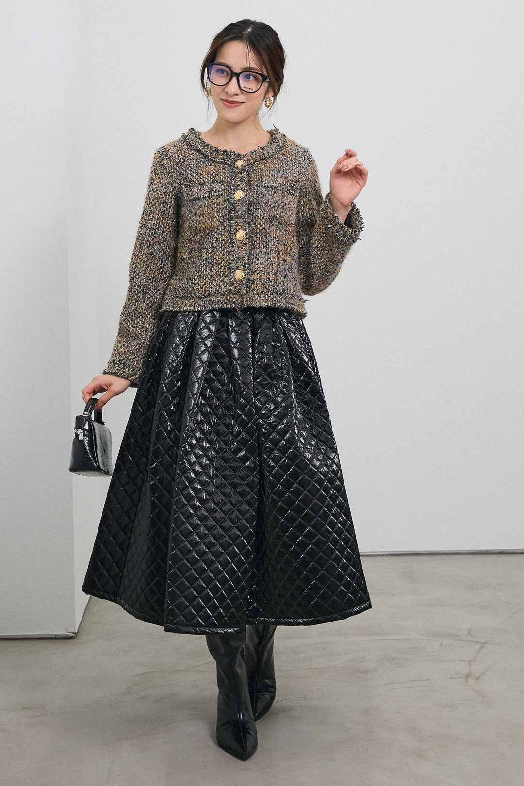 [予約/SET]カラーミックスツイードジャケット+メタリックキルティングフレアスカート(2set)