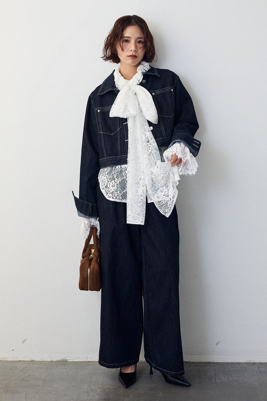 [予約/SET]クラシカルレースボウタイブラウス+クロップドデニムセットアップ(2set)