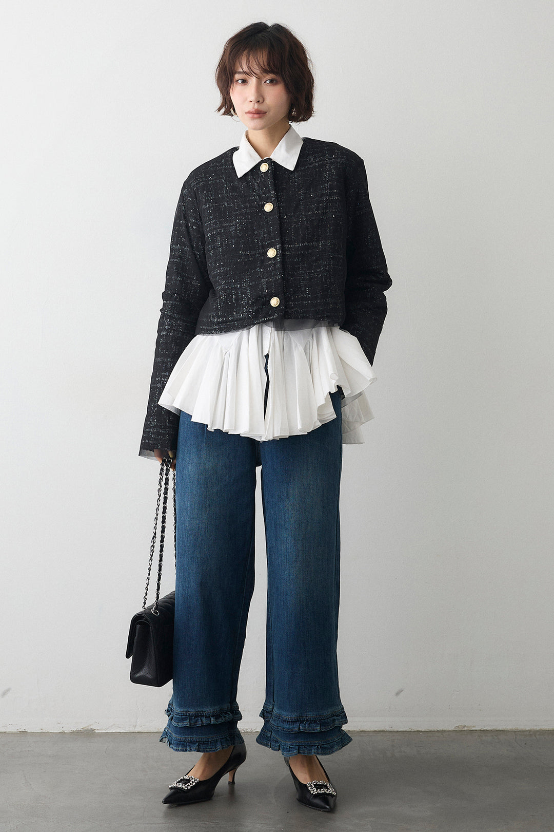 [予約/SET]パネルフレアヘムシャツ+ツイード×チュールレイヤードクロップドジャケット(2set)