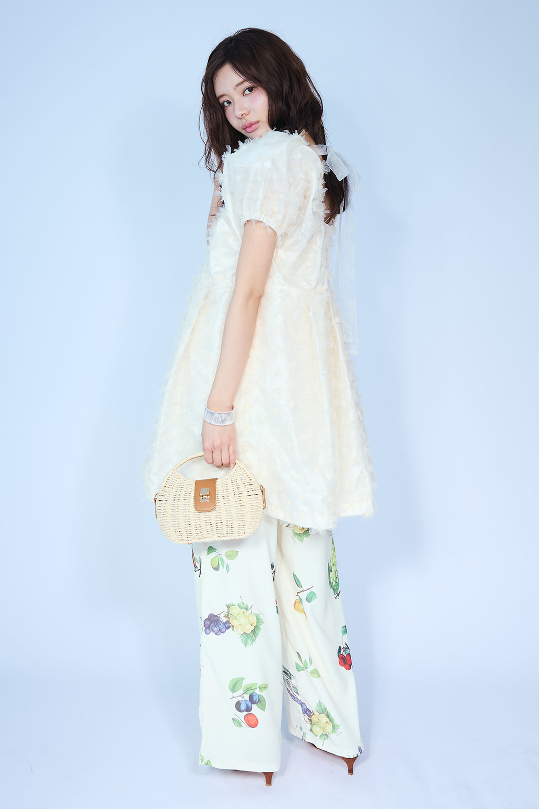[予約/SET]フラワージャカードパフスリーブチュニック+フルーツパターンストレートパンツ(2set)