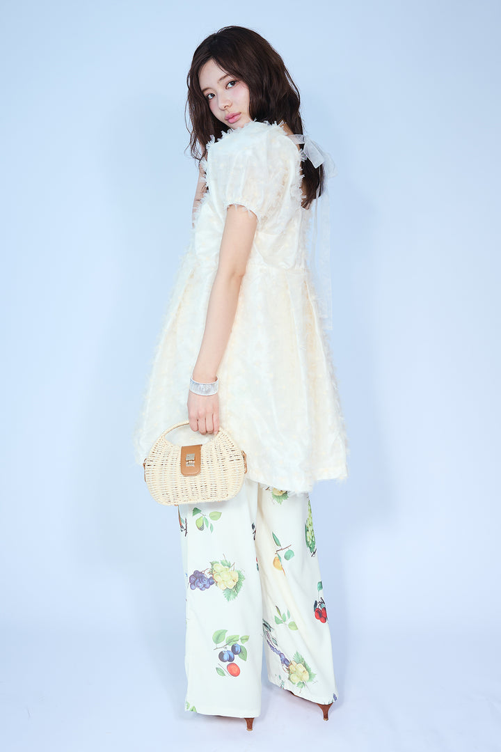 [予約/SET]フラワージャカードパフスリーブチュニック+フルーツパターンストレートパンツ(2set)