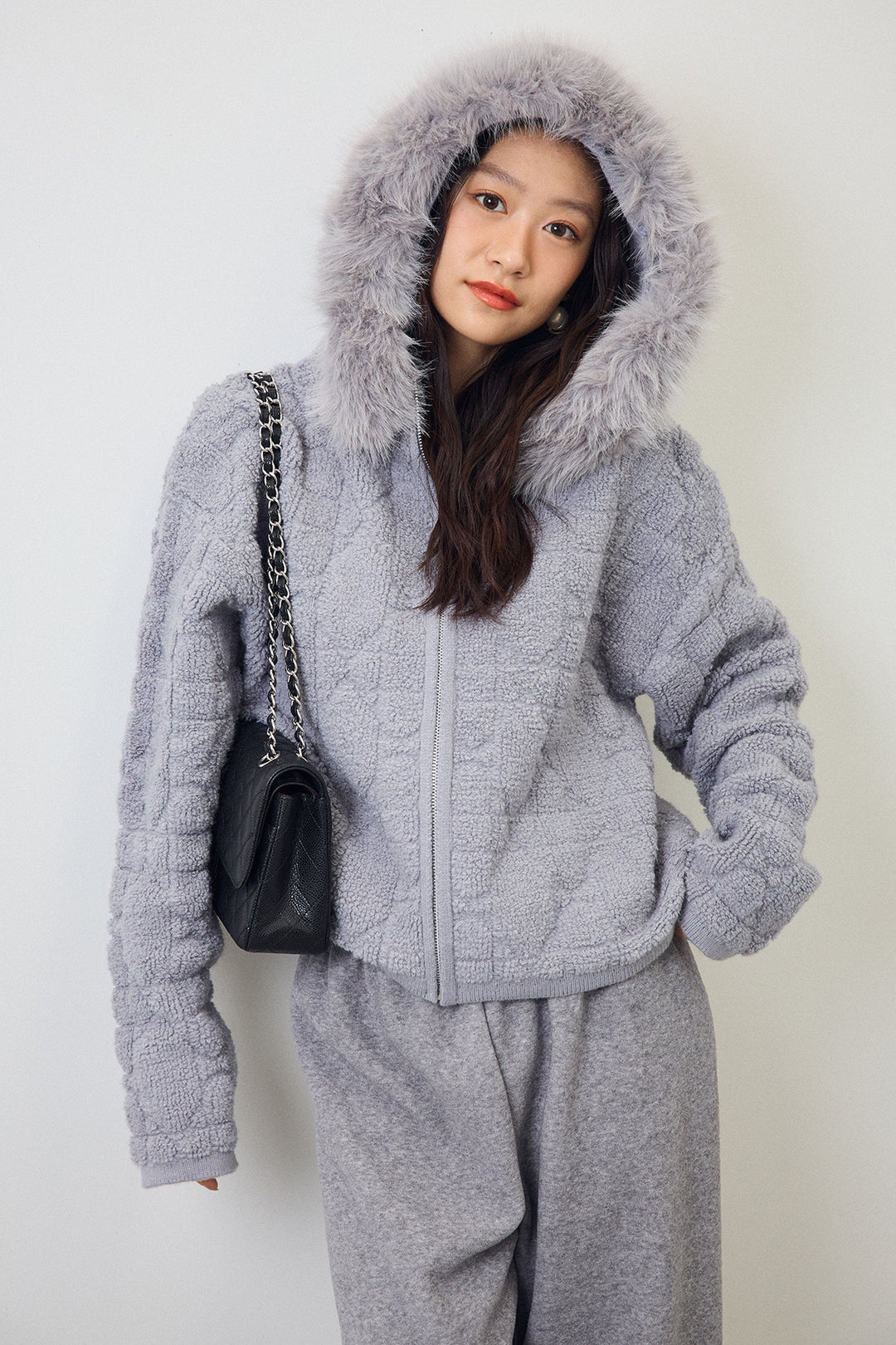 [予約/SET]フードファーキルトZIPニットブルゾン+ウォームタッチイージーパンツ(2set)