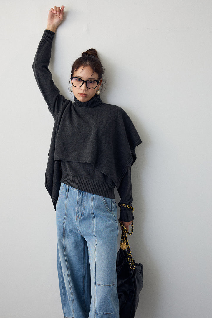 [予約/SET]アシメケープ2wayニット+ステッチ美ラインカーブデニムパンツ(2set)