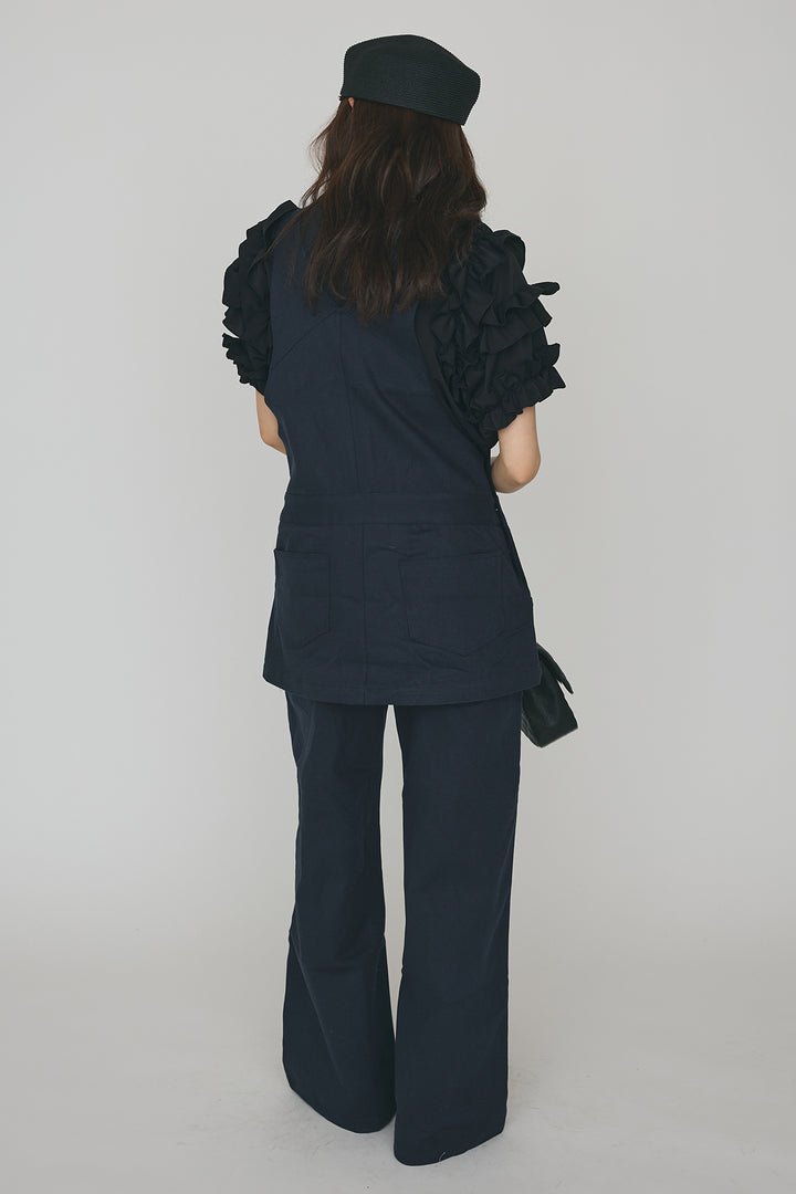 [予約/SET]フリルスリーブプルオーバーブラウス+エプロンデニムサロペ(2set)