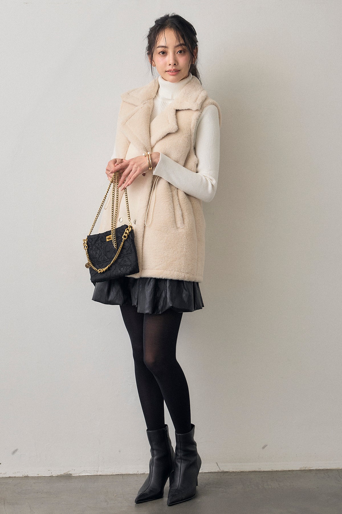 予約/SET]ベーシックリブタートルニット+テディボアウエストドロスト