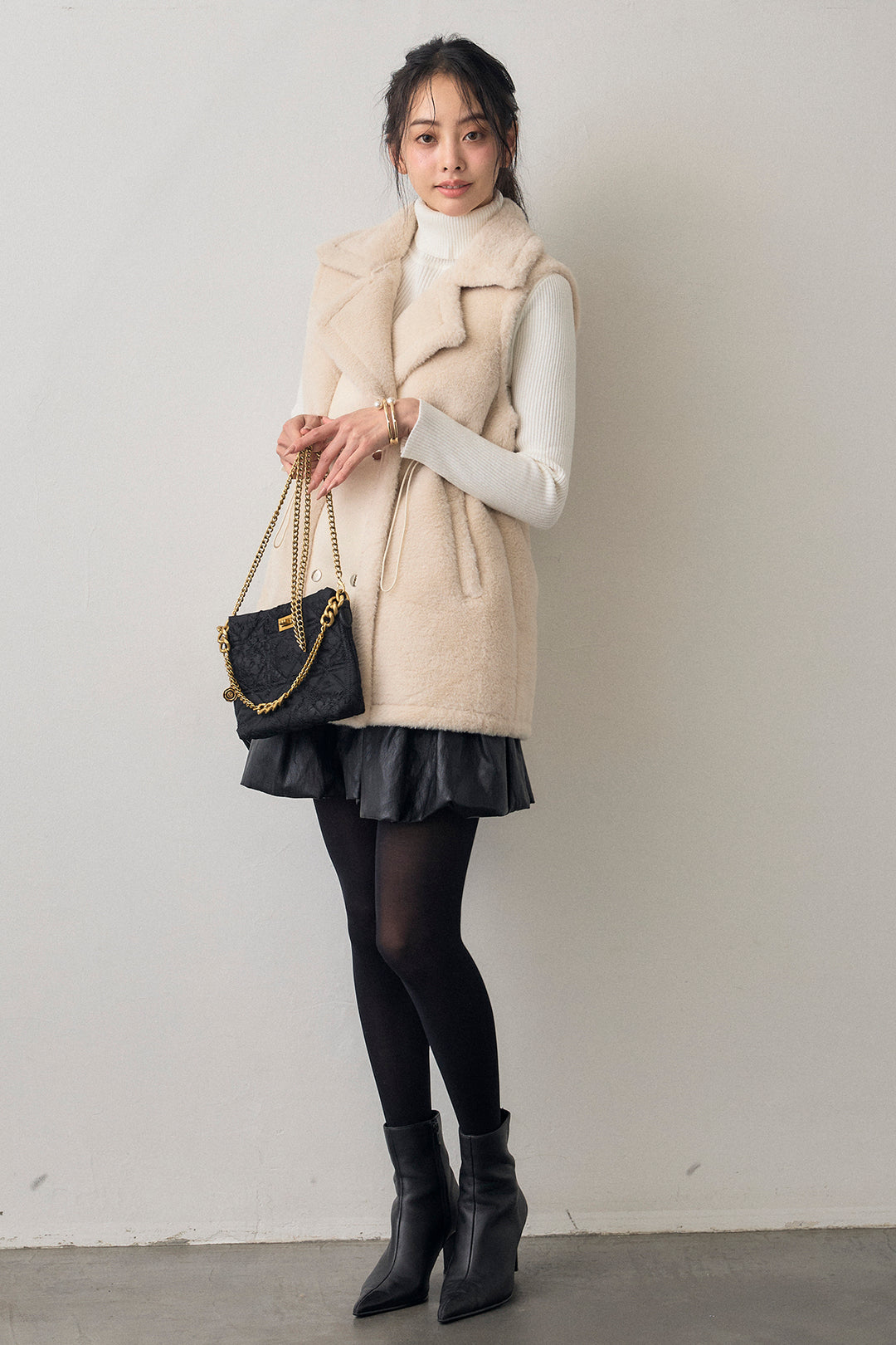 [予約/SET]ベーシックリブタートルニット+テディボアウエストドロストベスト(2set)