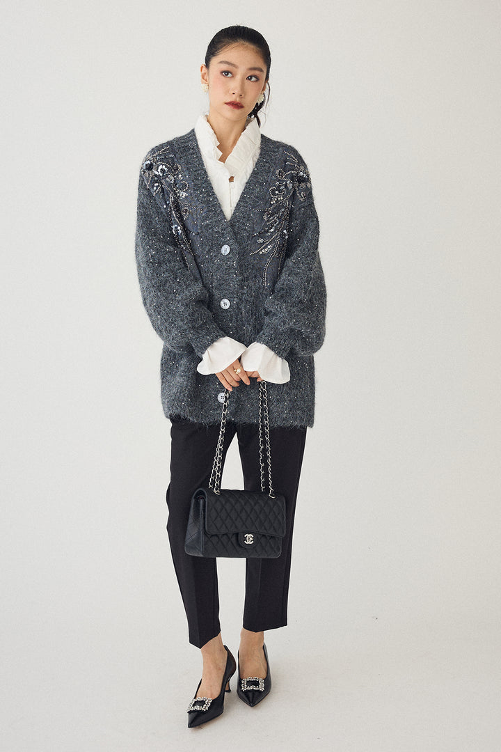 [予約/SET]ダブルプリーツカラーブラウス+ビーズフラワースパンコールシャイニーニットカーデ+タックテーパードパンツ(3set)