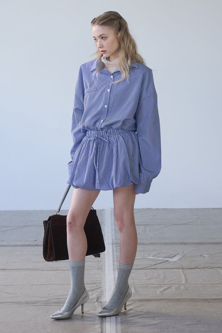 [予約/SET]ハイネックシアーフリルヘムトップス+ギンガムチェックバルーンミニボトムセットアップ(2set)