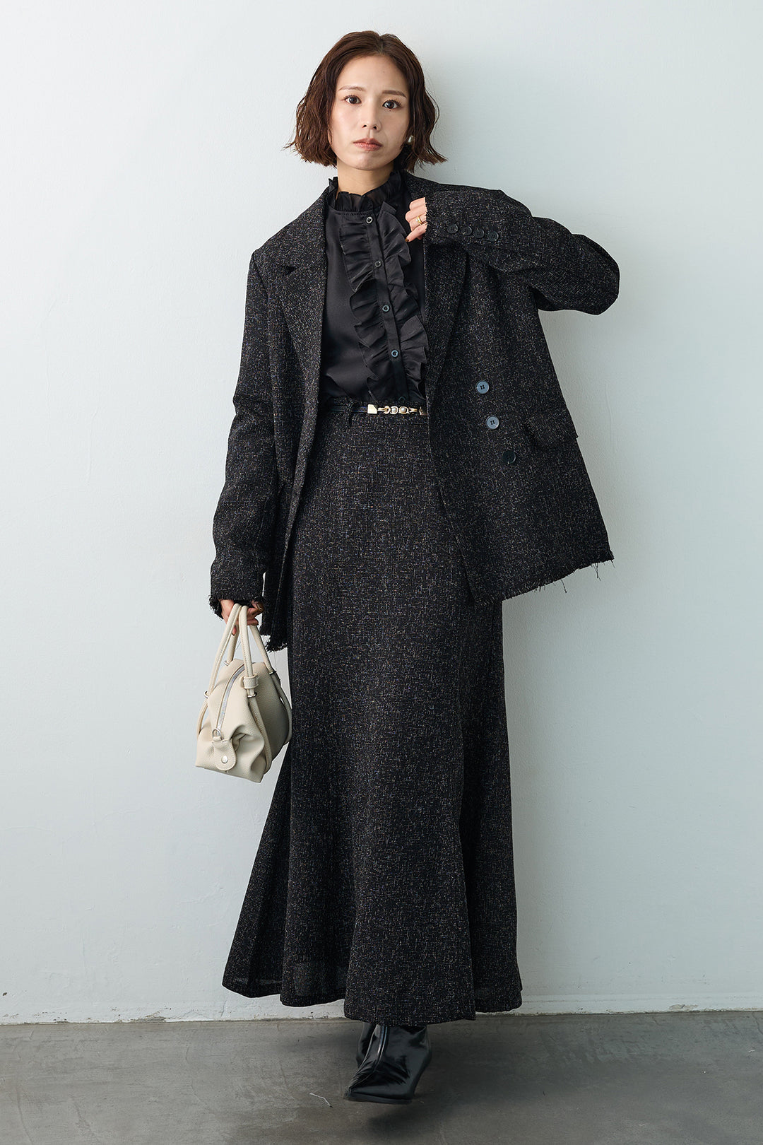 [予約/SET]エアリーフリルブラウス+スラブネップツイードフリンジテーラージャケット+スラブネップツイードフレアスカート(3set)
