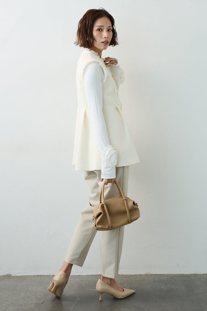 [予約/SET]フラワーモチーフポイントカットトップス+ツイードペプラム美フォルムジレ(2set)