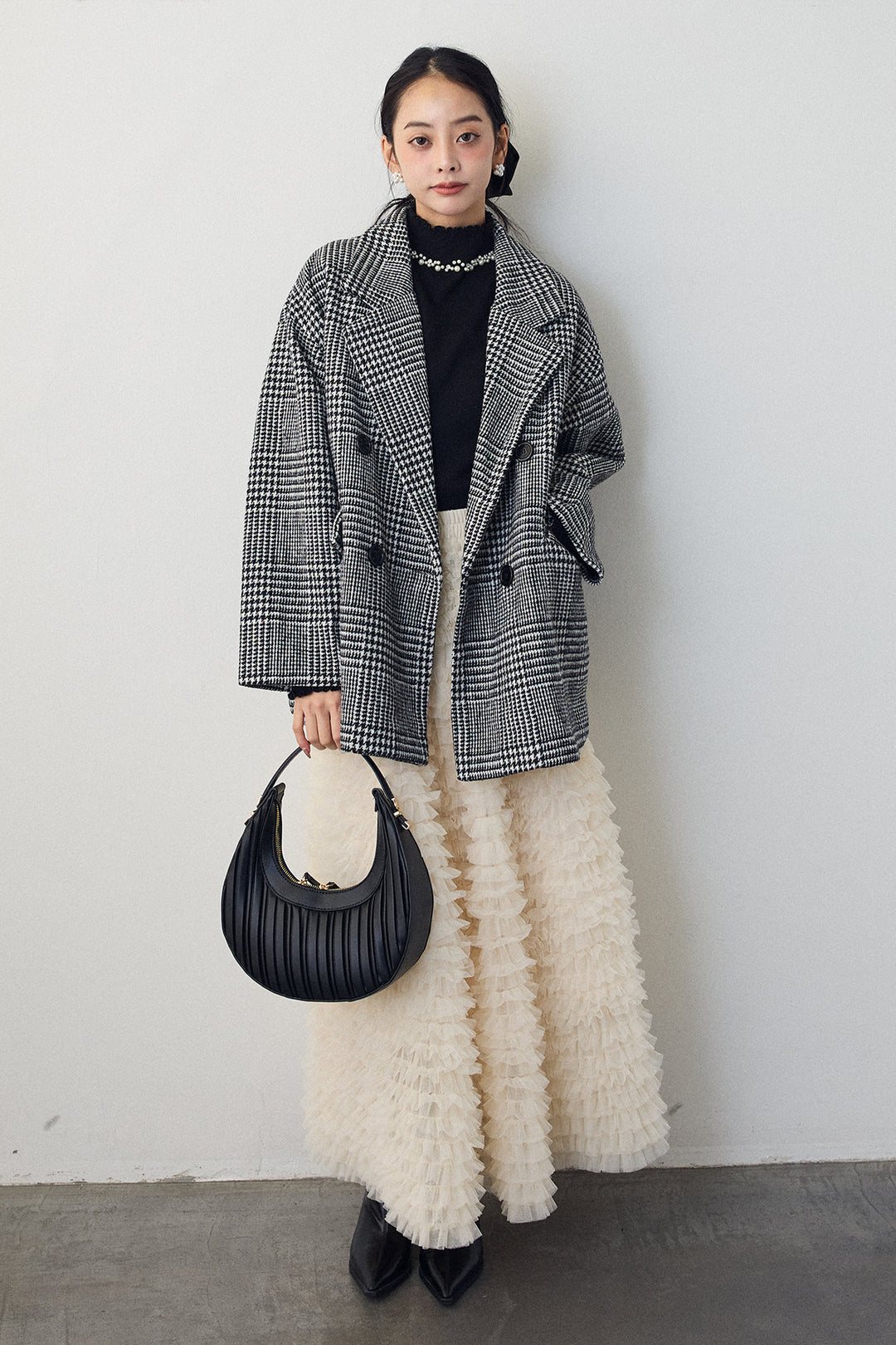 [予約/SET]ネックショルダーパールポイントニット+チェック柄ボクシーコート+ホイップチュールティアードスカート(3set)
