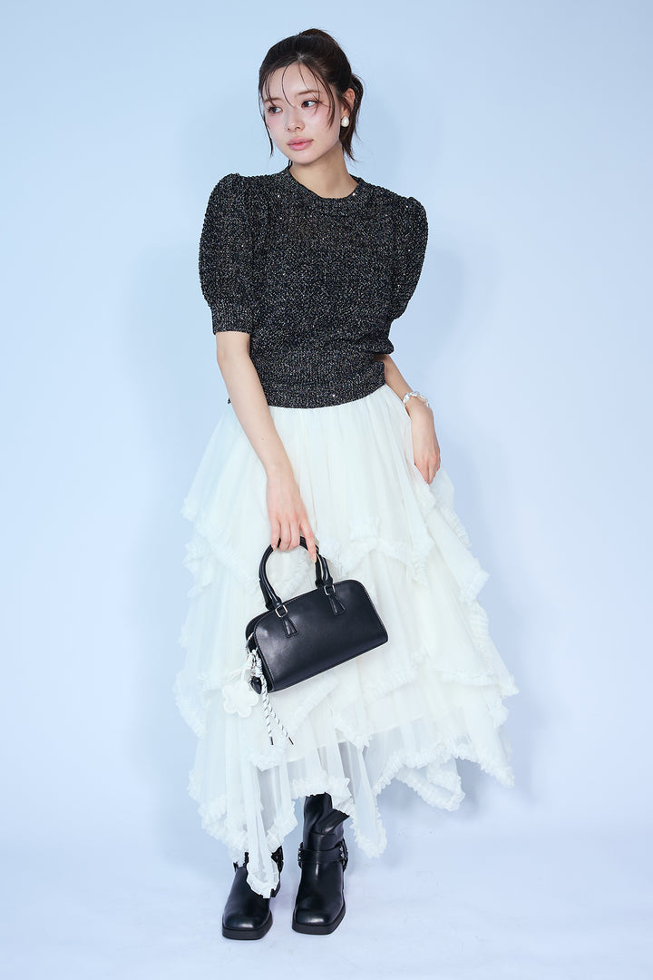 [予約/SET]ラメ混パフスリーブハーフスリーブニット+ムードチュールフリルスカート(2set)