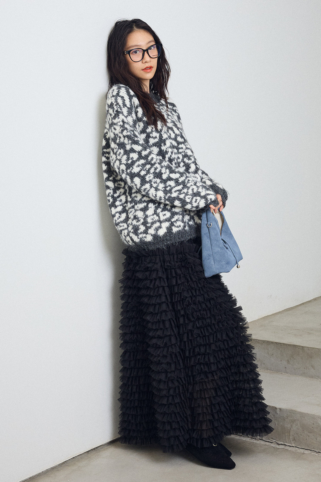 [予約/SET]レオパードクルーネックニットプルオーバー+ホイップチュールティアードスカート(2set)