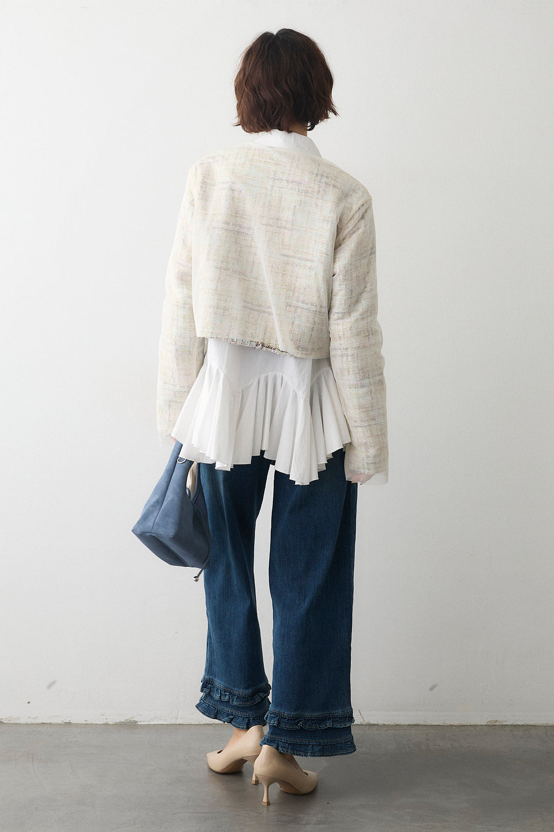 [予約/SET]ツイード×チュールレイヤードクロップドジャケット+フリルヘムデニムパンツ(2set)
