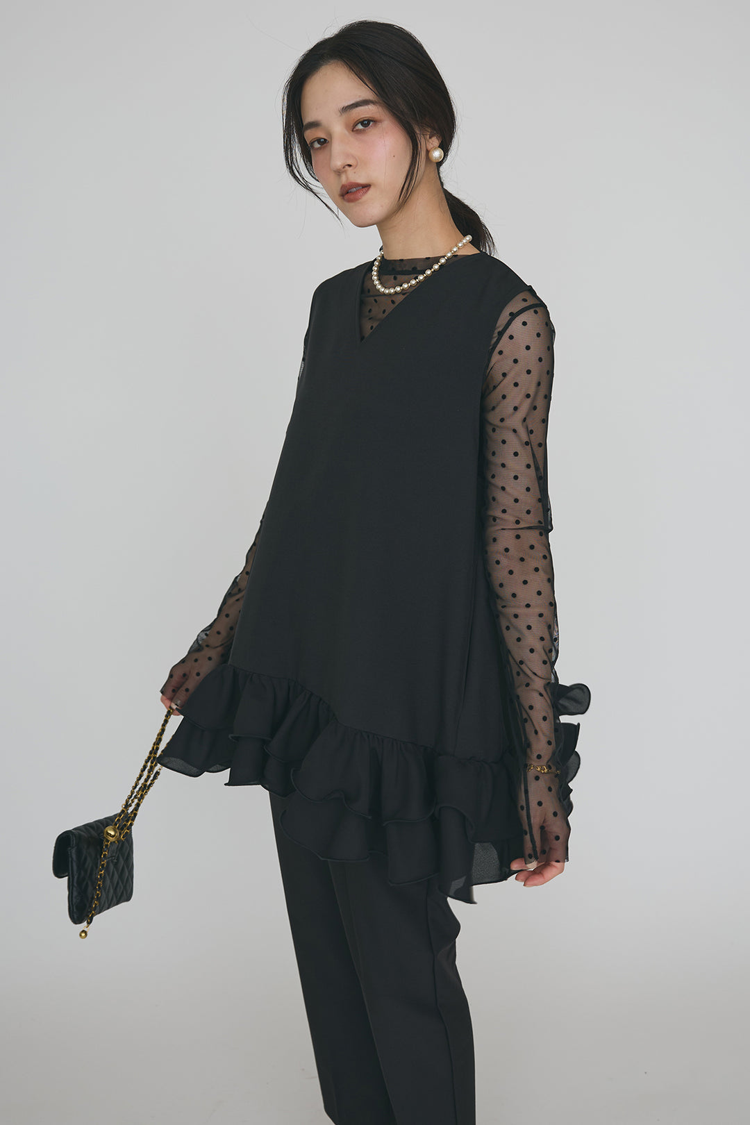 [予約/SET]シアードットフロッキートップス+異素材フリルヘムVネックチュニック+タックテーパードパンツ(3set)