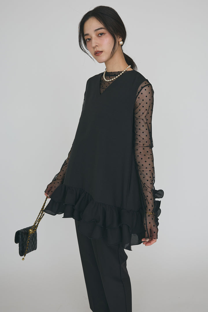 [予約/SET]シアードットフロッキートップス+異素材フリルヘムVネックチュニック+タックテーパードパンツ(3set)