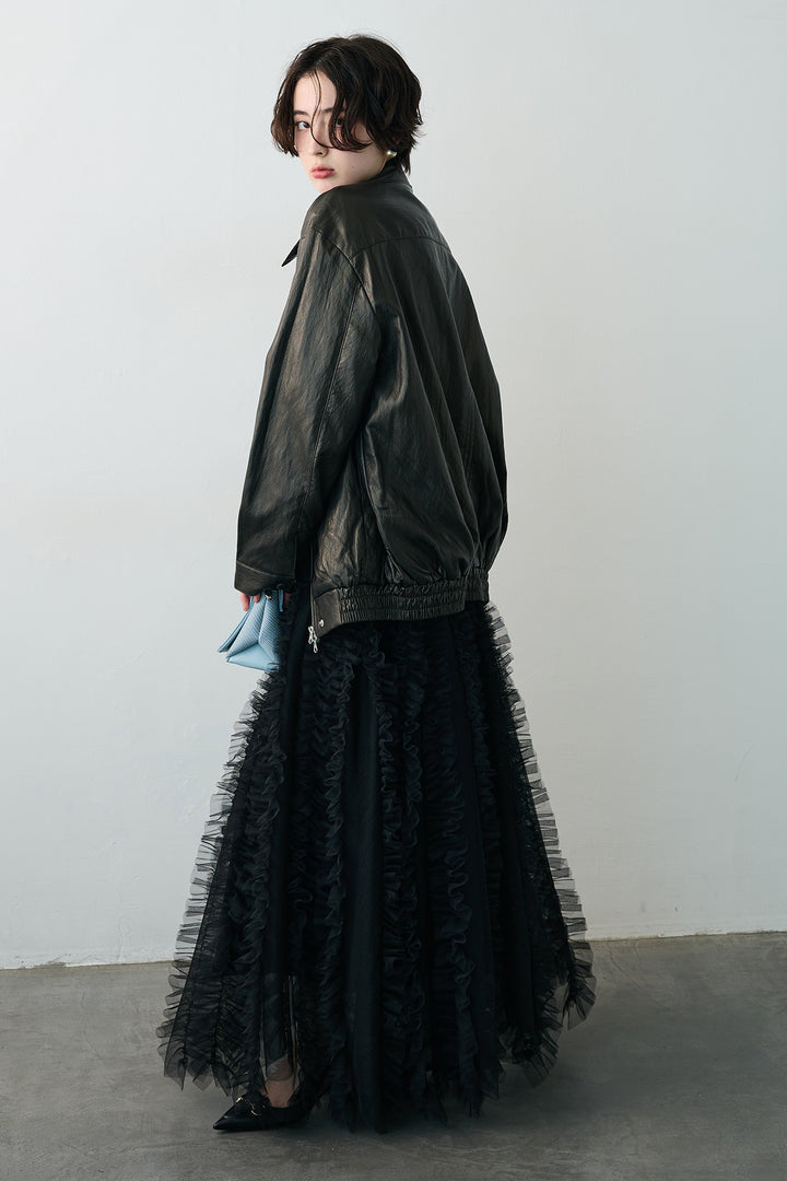 [予約/SET]グロッシーワッシャーレザーライクジャケット+Iラインホイップチュールスカート(2set)