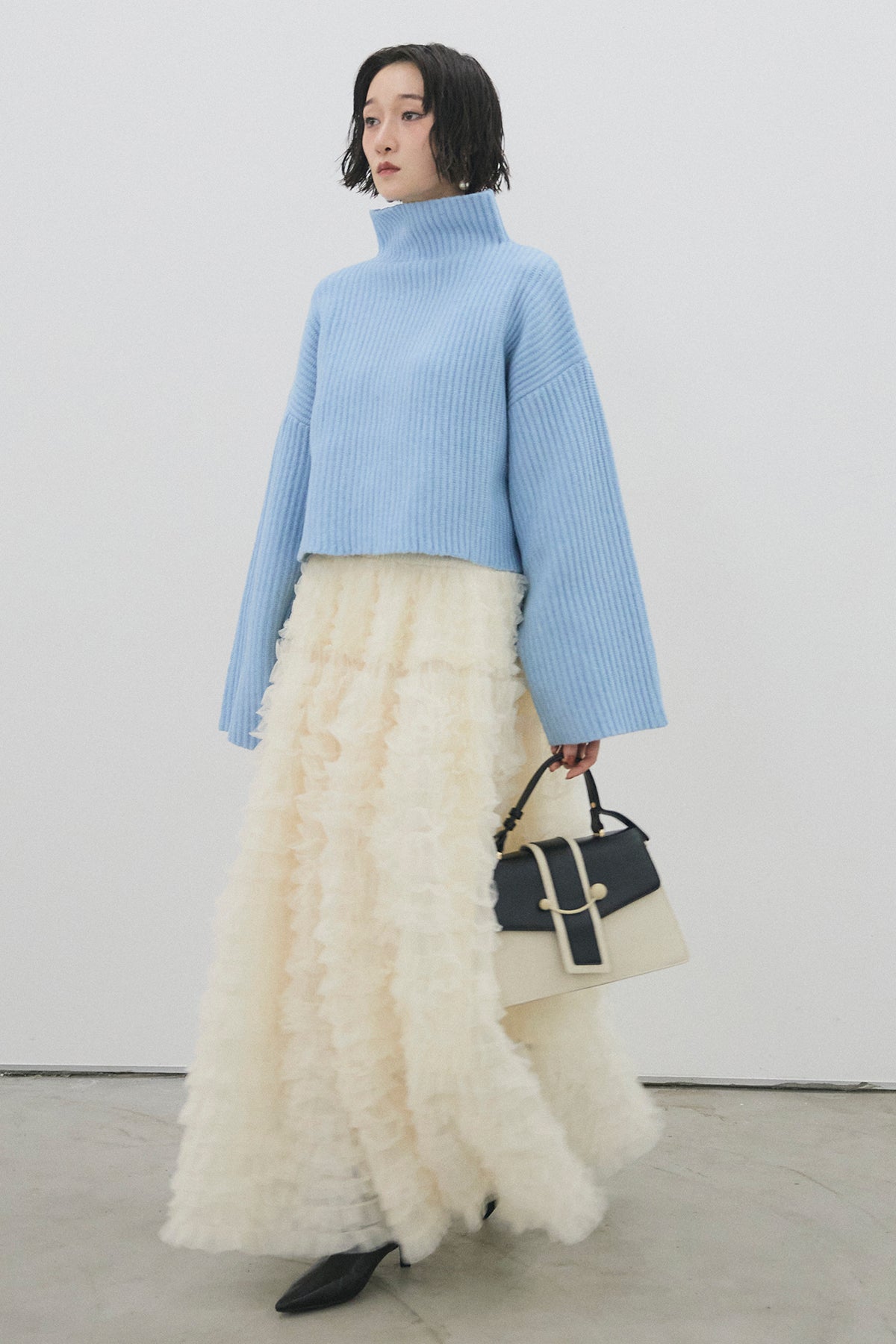 予約/SET]ソリッドストライプショートニット+ホイップチュール