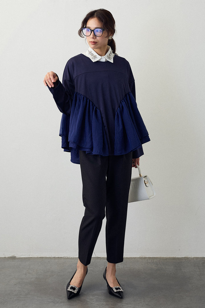 [予約/SET]フリルテール異素材切替チュニック+タックテーパードパンツ(2set)