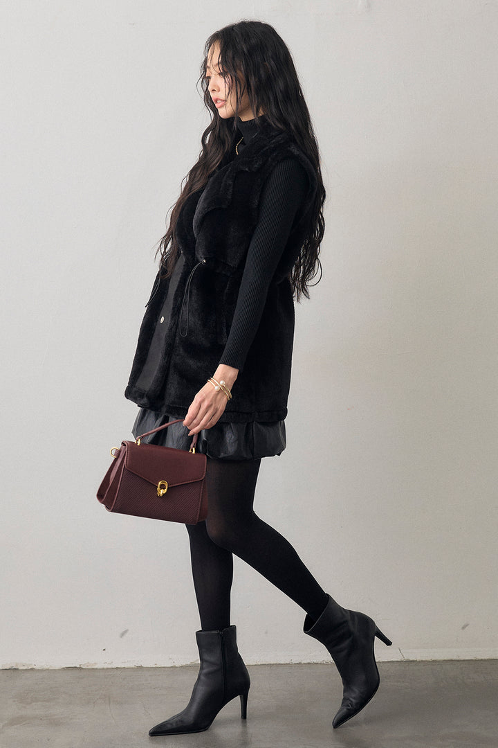 [予約/SET]テディボアウエストドロストベスト+フェイクレザーティアードバルーンミニスカート(2set)