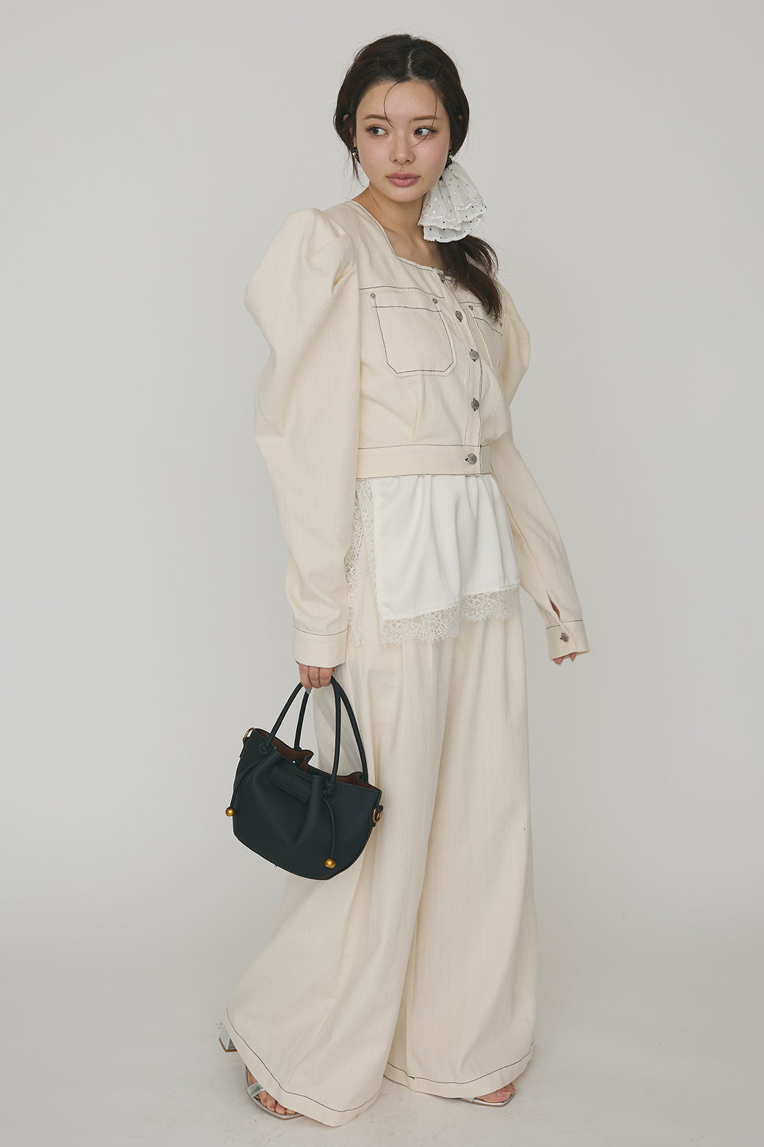 [予約/SET]ステッチパフスリーブクロップドジャケット+ステッチデザインハイウエストデニムパンツ(2set)