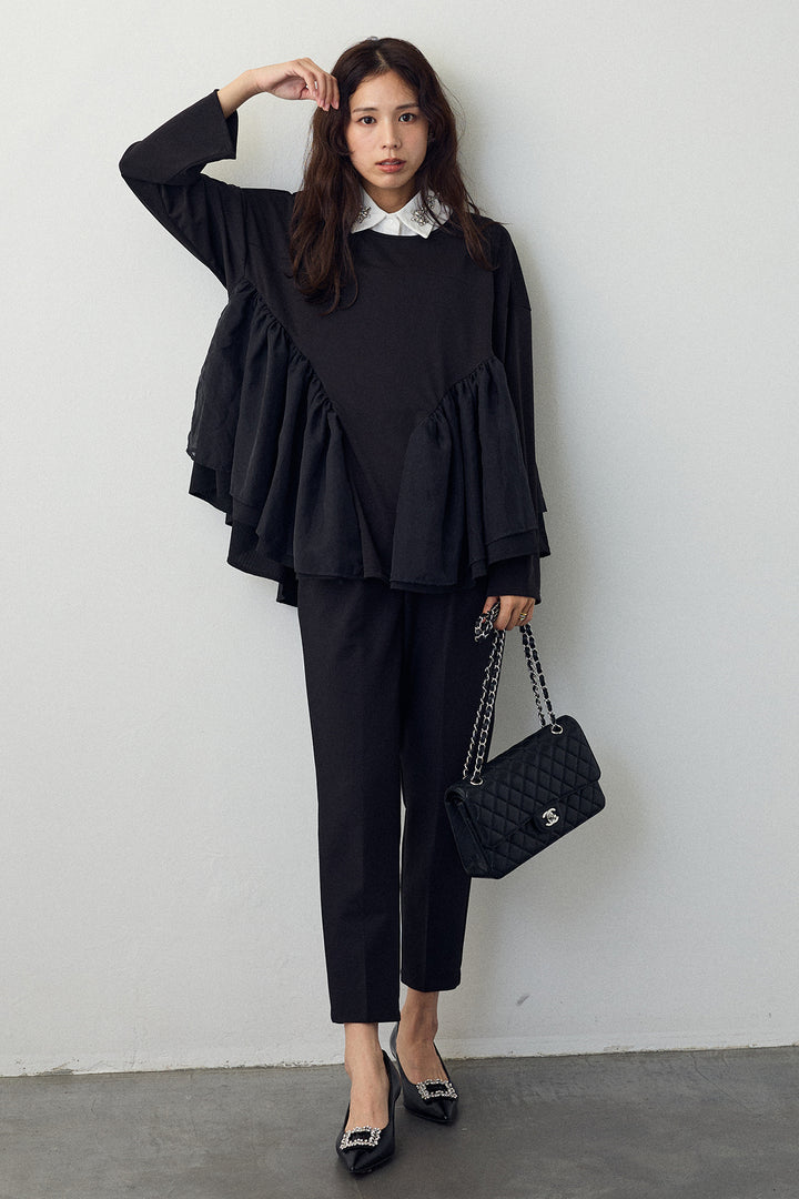 [予約/SET]ビジュー付け襟+フリルテール異素材切替チュニック+タックテーパードパンツ(3set)