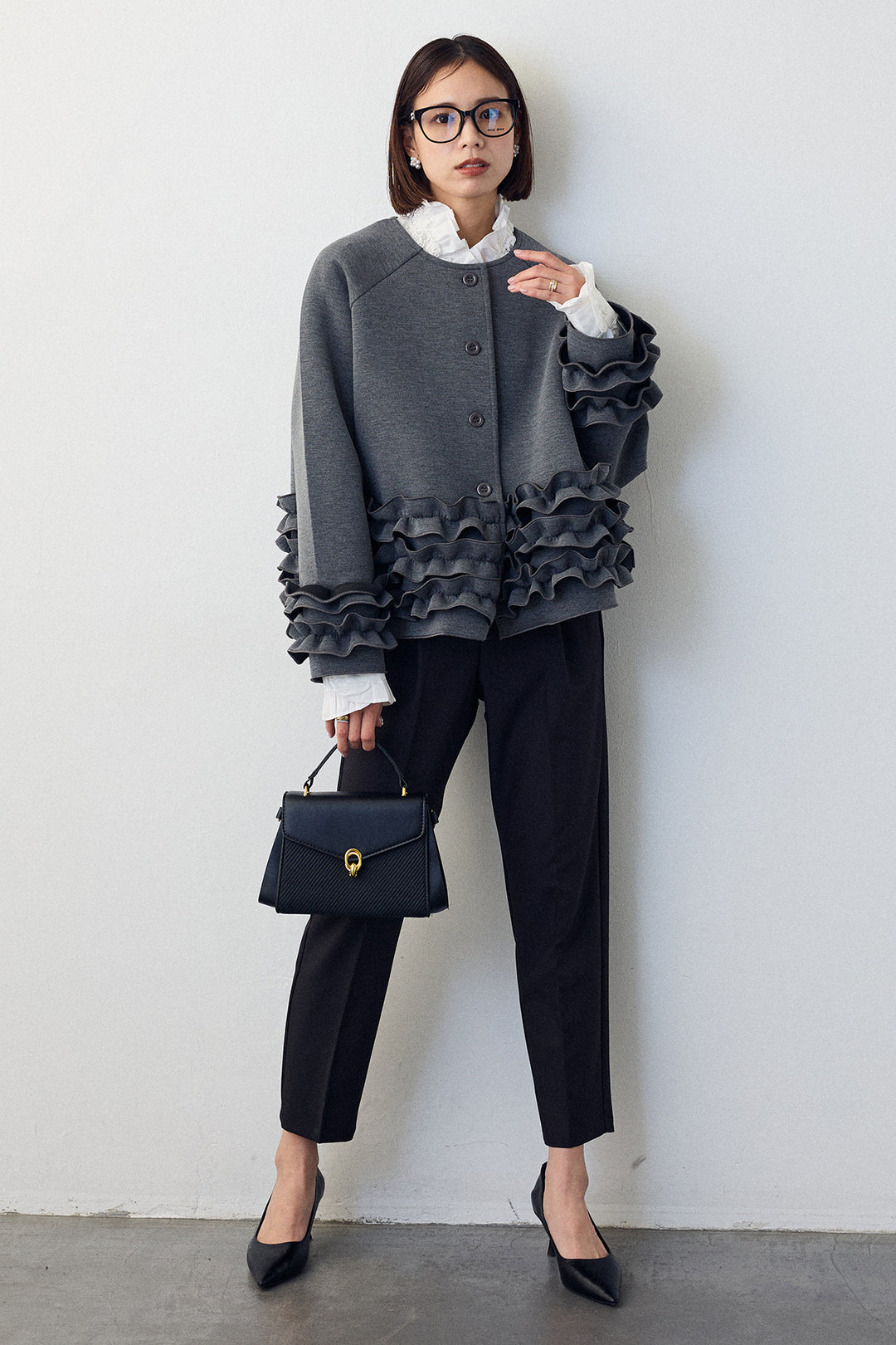 [予約/SET]ローズモチーフフリルカラーシャツ+フリルティアードボンディングクロップドコート(2set)