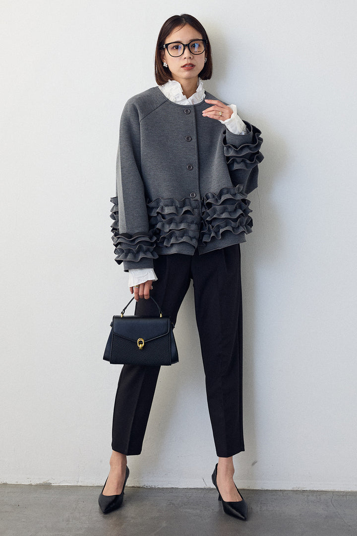 [予約/SET]ローズモチーフフリルカラーシャツ+フリルティアードボンディングクロップドコート(2set)